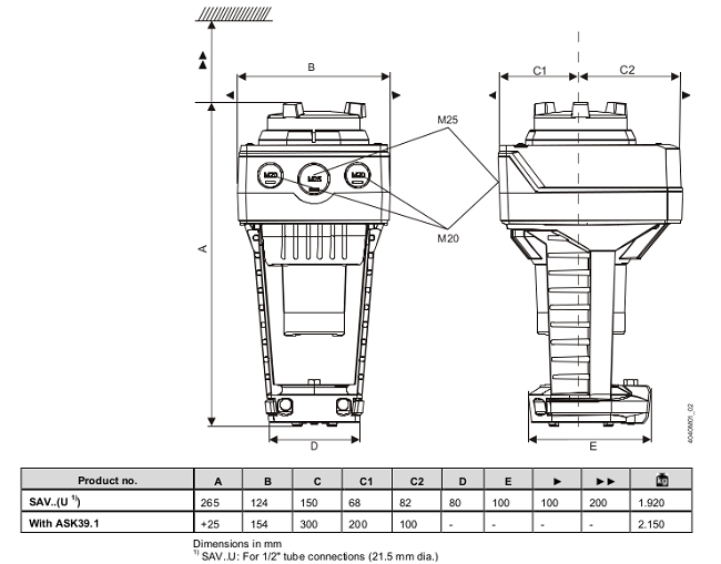   Размеры привода Siemens SAV61P00